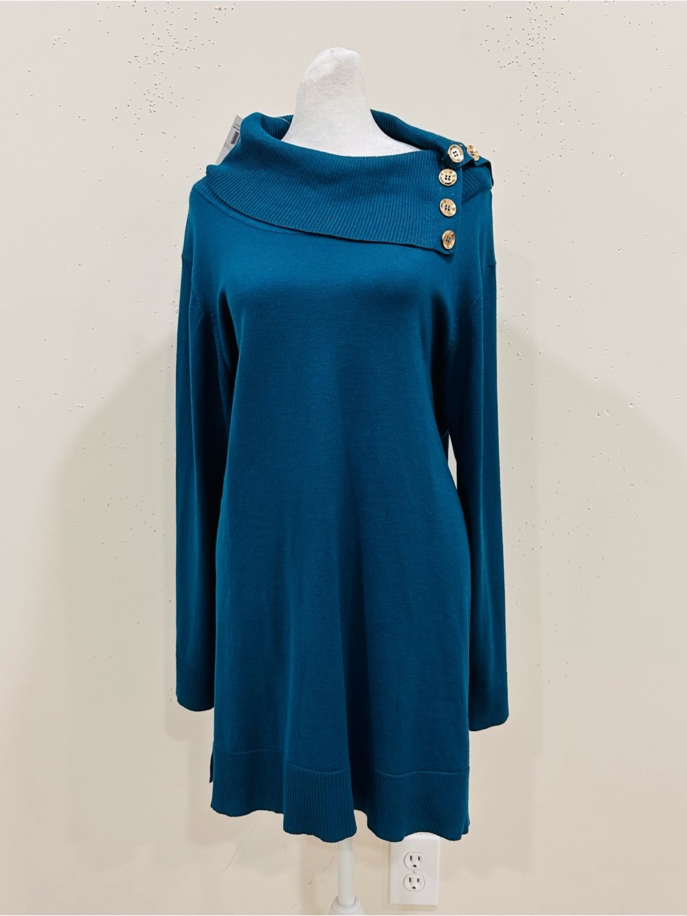 NWT Cable & Gauge Teal Knit Cowl Neck Sweater Dress Tunic Button Detail 1X Plus